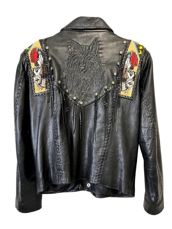 Diamond Leathers Other - Diamond Leathers Size 44 Black Leather Jacket Native American Wolf Beaded Fringe